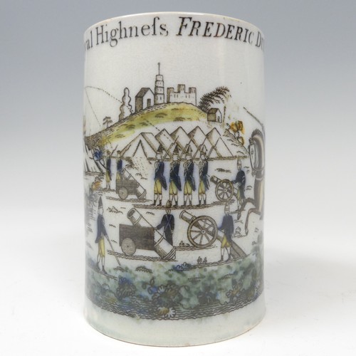 154 - A late 18thC pearlware Duke of York Mug, with coloured transfer print illustrating a citadel under s... 