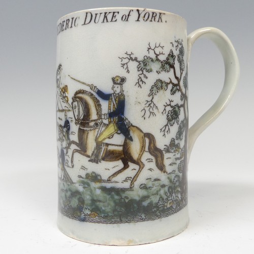 154 - A late 18thC pearlware Duke of York Mug, with coloured transfer print illustrating a citadel under s... 