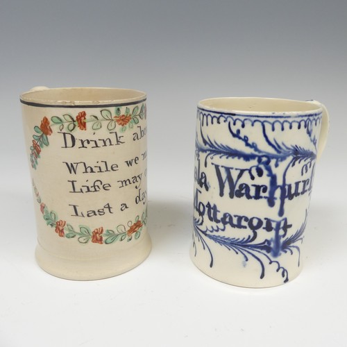 156 - A late 18thC creamware cylindrical Mug, with inscription for 'Pamela Warhurst Mottarom', restored, H... 