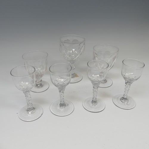 186 - A set of four antique Wine Glasses, with round funnel bowl on faceted stem, H 14.5cm, together with ... 