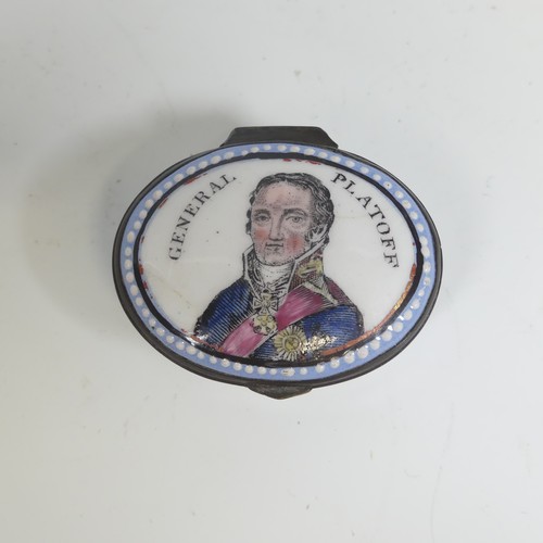 188 - A rare 19thC South Staffordshire enamel Pill Box, the lid with printed and painted portrait entitled... 