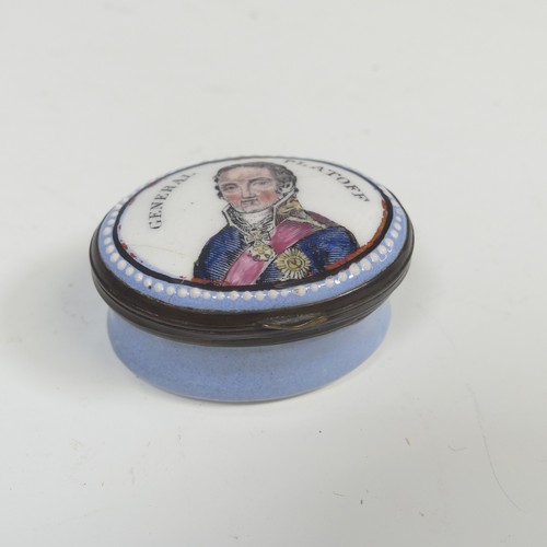 188 - A rare 19thC South Staffordshire enamel Pill Box, the lid with printed and painted portrait entitled... 