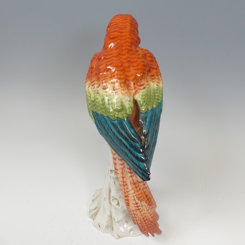 195 - A 19thC Continental porcelain figure of a Parrot, possibly a Macaw, the hard paste porcelain painted... 