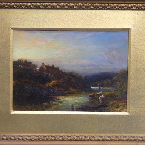 241 - J. Williams (19th century), Cattle watering in a river landscape, a cottage in the background, oil o... 