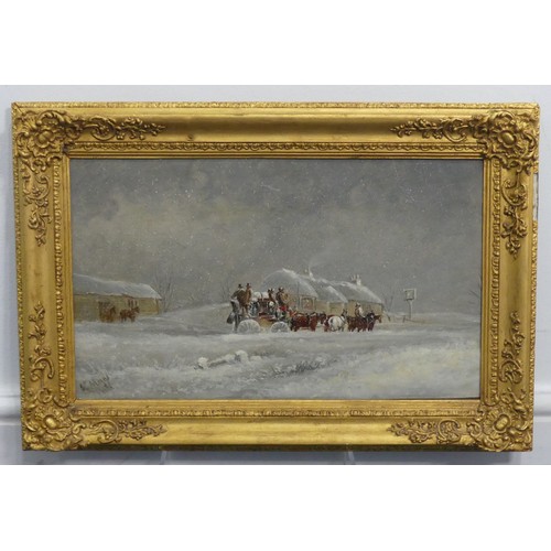 249 - John Charles Maggs (1819-1896), A stagecoach outside an Inn in a winter landscape, oil on canvas, si... 