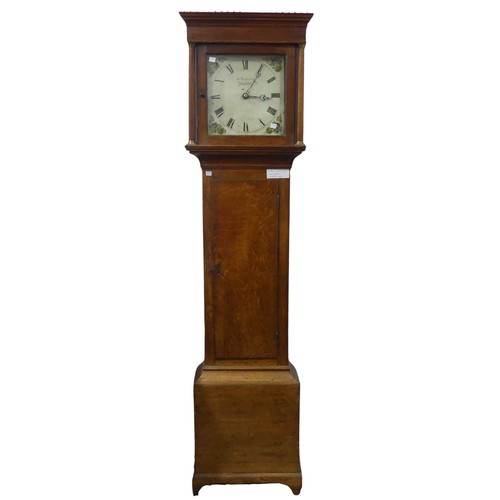 312 - A Georgian oak Longcase Clock, moulded hood encasing a painted white 12 inch dial, with floral paint... 