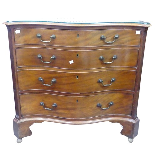 380 - A George III style mahogany serpentine front Chest of drawers, raised on shaped bracket feet and cas... 