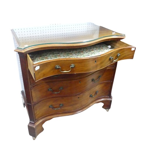 380 - A George III style mahogany serpentine front Chest of drawers, raised on shaped bracket feet and cas... 