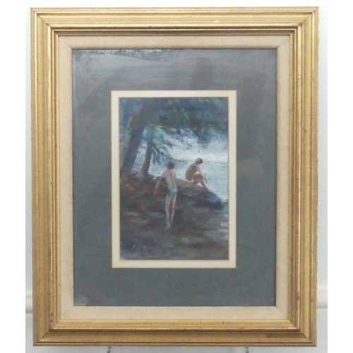 258 - Keith Money (New Zealand, b.1935), Bathers on rocks in shade by trees, oil on board, signed ’Money’ ... 