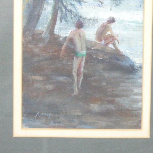 258 - Keith Money (New Zealand, b.1935), Bathers on rocks in shade by trees, oil on board, signed ’Money’ ... 