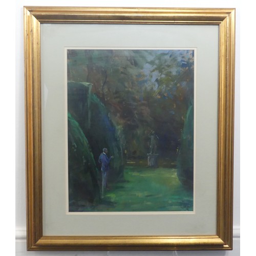 259 - Keith Money (New Zealand, b.1935), Figure in a garden with statue, oil on board, signed with monogra... 