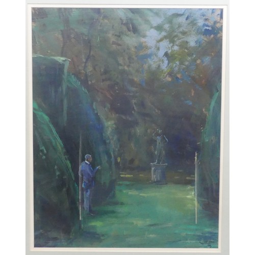 259 - Keith Money (New Zealand, b.1935), Figure in a garden with statue, oil on board, signed with monogra... 