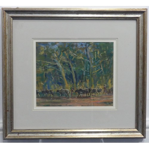 262 - Keith Money (New Zealand, b.1935), African herdsmen and cattle in wooded landscape, oil on board, si... 