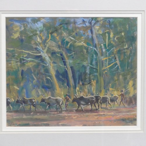 262 - Keith Money (New Zealand, b.1935), African herdsmen and cattle in wooded landscape, oil on board, si... 