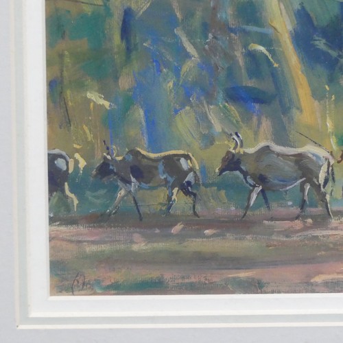 262 - Keith Money (New Zealand, b.1935), African herdsmen and cattle in wooded landscape, oil on board, si... 