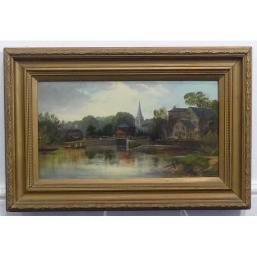 238 - English School (late 19thC / early 20thC), Marlow Docks and Church on Thames (?), oil on canvas, ind... 