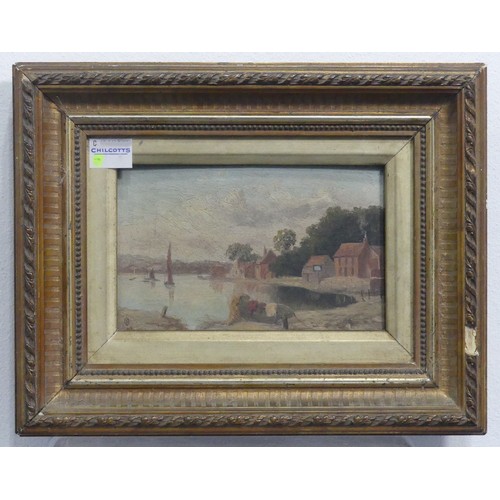 277 - Continental School (early 20th century), Sailing boats by a harbour in a river landscape, oil on boa... 