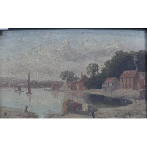 277 - Continental School (early 20th century), Sailing boats by a harbour in a river landscape, oil on boa... 