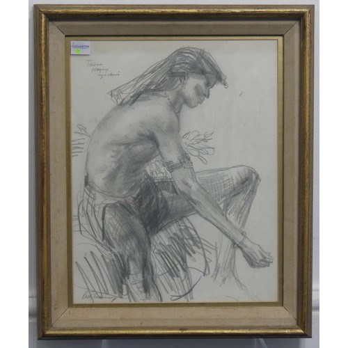 268 - Keith Money (New Zealand, b.1935), Taisun playing infeshui, charcoal on paper, signed, 30cm x 25cm, ... 