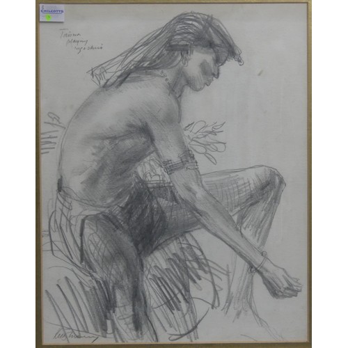 268 - Keith Money (New Zealand, b.1935), Taisun playing infeshui, charcoal on paper, signed, 30cm x 25cm, ... 