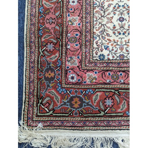 645 - Tribal rugs; a hand-knotted cream ground Persian carpet, wool pile on cotton base, with salmon-pink ... 