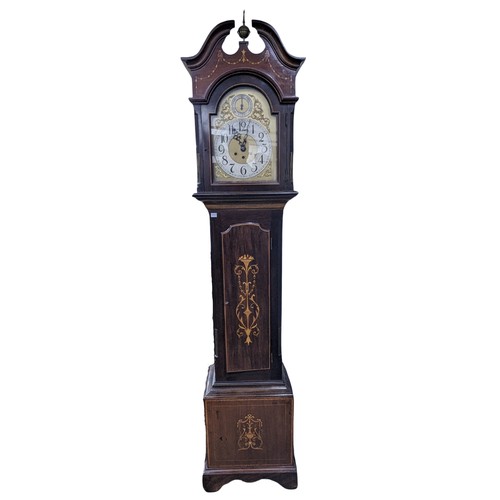 304 - An inlaid mahogany Longcase Clock with arched brass dial, silvered chapter ring with arabic numerals... 