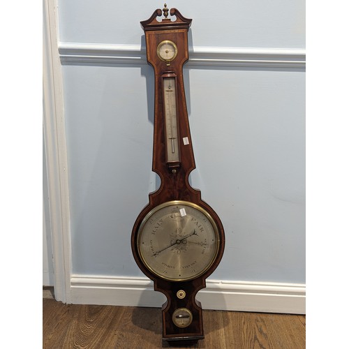 305 - A 19thC mahogany and inlaid Barometer, with circular silvered dial, L 113 cm.