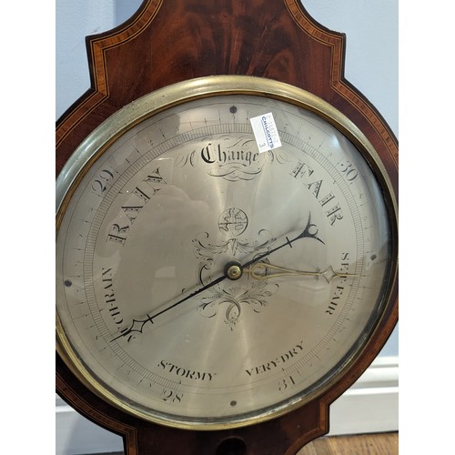 305 - A 19thC mahogany and inlaid Barometer, with circular silvered dial, L 113 cm.