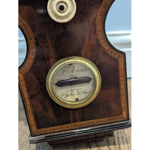 305 - A 19thC mahogany and inlaid Barometer, with circular silvered dial, L 113 cm.