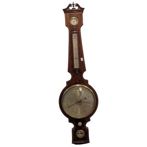 305 - A 19thC mahogany and inlaid Barometer, with circular silvered dial, L 113 cm.