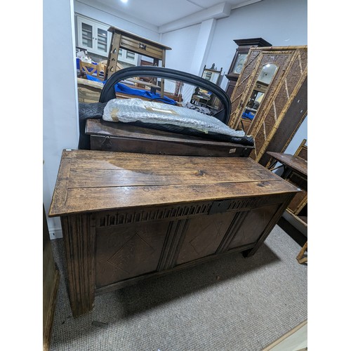 338 - An 18th century oak Coffer, with much later top, three panelled carved and reeded base, W 149 cm x H... 