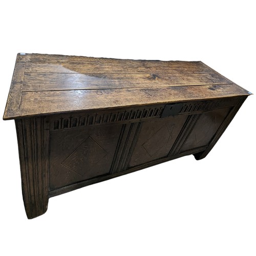 338 - An 18th century oak Coffer, with much later top, three panelled carved and reeded base, W 149 cm x H... 