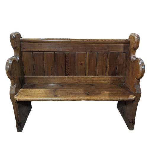 527 - An early 20th century ecclesiastical style pitch-pine Pew, of small proportions, W 116 cm x H 91 cm ... 