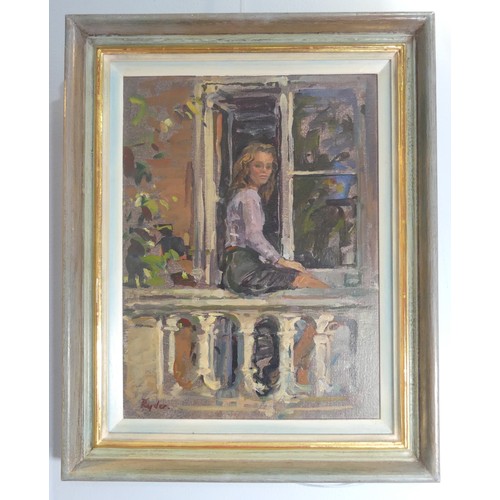 223 - Susan Ryder (British, b.1944), Clare on the balcony, oil on canvas, signed lower left, 40cm x 30cm, ... 