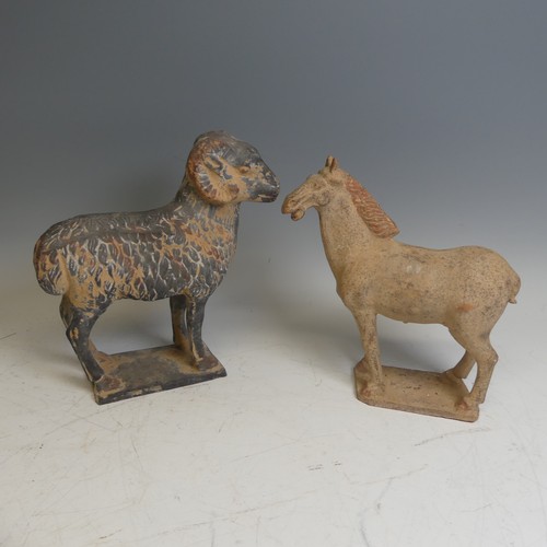 108 - A vintage pottery Tang-style Horse, H 27.5cm, together with a large figure of a Ram, a Mexican potte... 