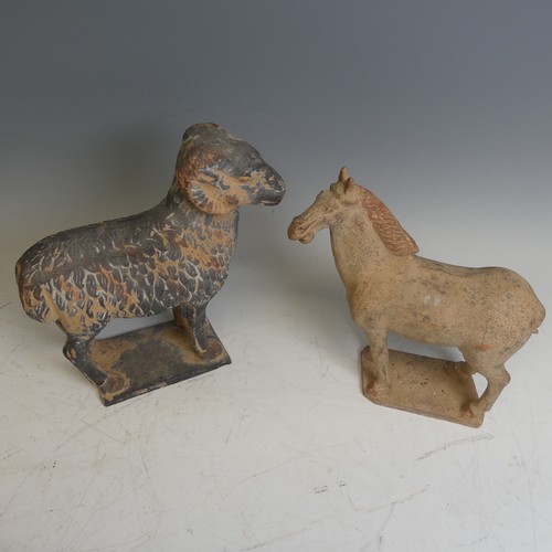 108 - A vintage pottery Tang-style Horse, H 27.5cm, together with a large figure of a Ram, a Mexican potte... 