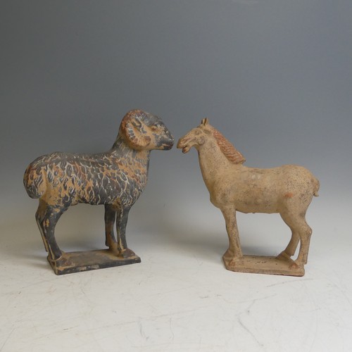 108 - A vintage pottery Tang-style Horse, H 27.5cm, together with a large figure of a Ram, a Mexican potte... 