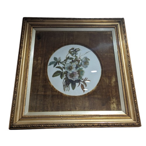 130 - A 19thC framed floral porcelain Plaque, probably Continental, of circular shape within square frame.... 