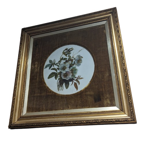 130 - A 19thC framed floral porcelain Plaque, probably Continental, of circular shape within square frame.... 