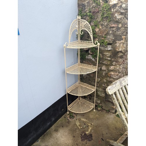 657 - A decorative painted metal set of folding corner Shelves, W 53 cm x H 165 cm x D 34 cm.... 