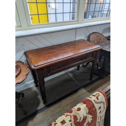 518 - An antique oak Side Table, with frieze drawer and brass drop handles, W 117 cm x H 75 cm x D 50.5 cm... 