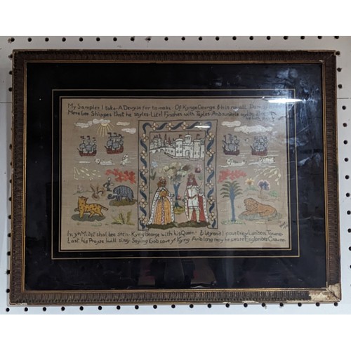 218 - An early 20th century decorative Sampler, King George with his Queen, PMY 1915, in an eglomisé frame... 