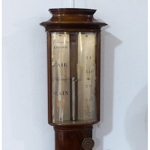 A good George III Mahogany bowfront Stick Barometer, signed J Ramsden, London, circa 1790, concealed mercury tube with a single silvered dial, signed, well figured trunk with urn shaped cistern cover, L 100 cm. Jesse Ramsden (b1731-d1800) is known to be one of the greatest instrument makers of all time. His outstanding invention was a dividing machine for accurate scale division and was credited with adapting the tripod as a carrying case for the mountain barometer. See Banfield (Edwin) Barometer Makers and Retailers 1660-1900, pg.179.