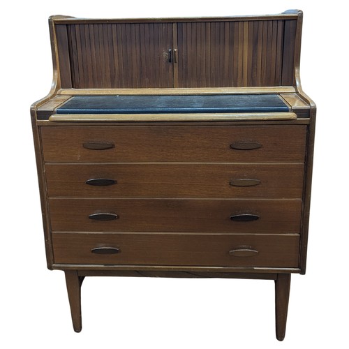 410 - A Welters of Wycombe teak tambour fronted Bureau, tambour shuttered doors enclosing drawer and pigeo... 