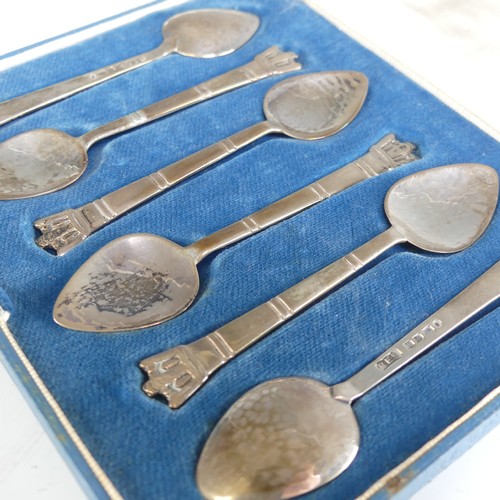 2 - R.E.Stone; A cased set of six silver Teaspoons, hallmarked London 1935, the finials modelled as styl... 