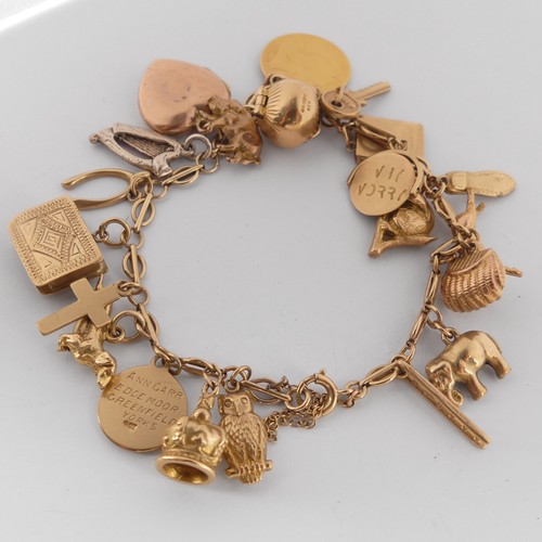 320 - A 9ct yellow gold Charm Bracelet, with bolt ring clasp, suspended with a Victorian half sovereign, d... 