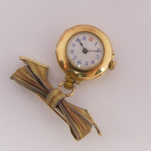 206 - An 18ct yellow gold 'Nurse's' Fob Watch, unsigned white enamel dial with Arabic numerals, unsigned c... 