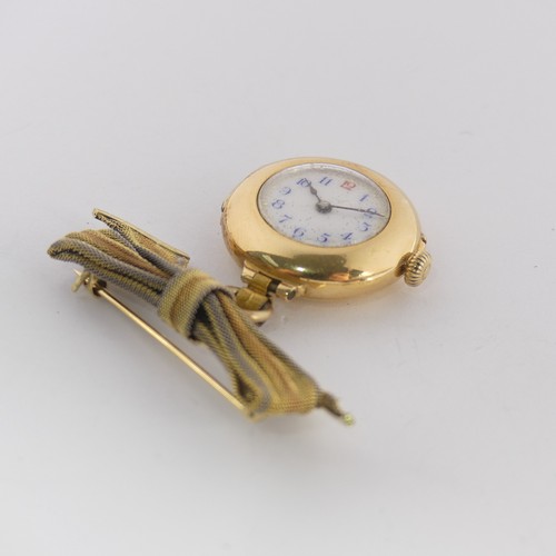 206 - An 18ct yellow gold 'Nurse's' Fob Watch, unsigned white enamel dial with Arabic numerals, unsigned c... 