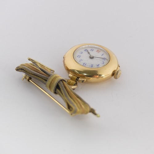 206 - An 18ct yellow gold 'Nurse's' Fob Watch, unsigned white enamel dial with Arabic numerals, unsigned c... 