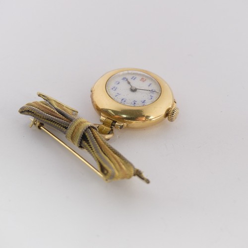 206 - An 18ct yellow gold 'Nurse's' Fob Watch, unsigned white enamel dial with Arabic numerals, unsigned c... 